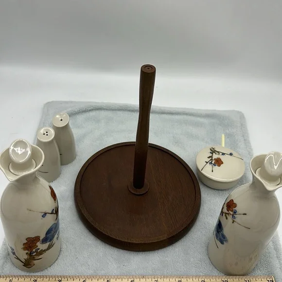 Vintage Cruet 6-Piece Set-Porcelain/Ceramic/Wood with Table Caddy - Picture 9 of 12
